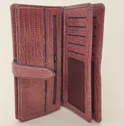 کیف پول زنانه بنددار با چرم طبیعی طرح لیزارد