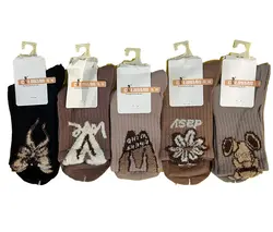 جوراب نخی ساقدار زنانه طرح قلب و پاپیون قهوه ای