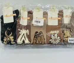 جوراب نخی ساقدار زنانه طرح قلب و پاپیون قهوه ای