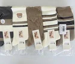 جوراب نخی وکبریتی ساقداراسپرت طرح کرم و قهوه ای تدی گلدوزی