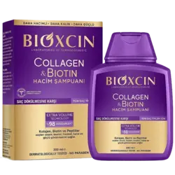 شامپو حجم دهنده و ضد ریزش مو بیوکسین حاوی کلاژن و بیوتین بنفش BIOXCIN اصل ترکیه حجم 300 میلی لیتر