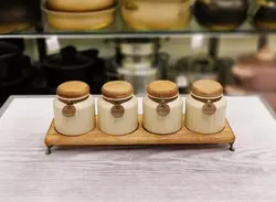 ست پاسماوری و ادویه 7 پارچه درب چوبی گلس کالر رنگ کرم