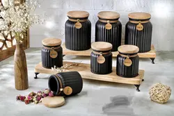 ست پاسماوری و ادویه 7 پارچه درب چوبی گلس کالر رنگ مشکی