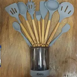 ست کفگیر ملاقه سیلیکونی دسته بامبو روما Roma طوسی