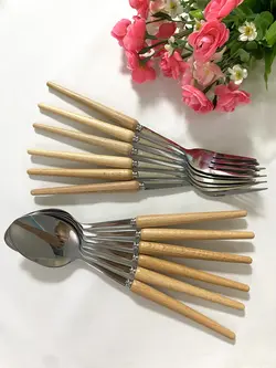 سرویس قاشق و چنگال غذاخوری دسته چوبی 6 نفره