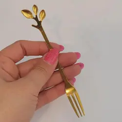 چنگال دسر خوری برگی استیل رنگ ثابت در دو رنگ طلایی و نقره ای