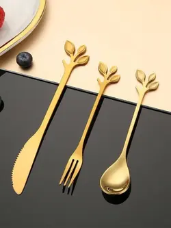 ست کارد و چنگال و قاشق برگی طلایی و نقره ای استیل رنگ ثابت