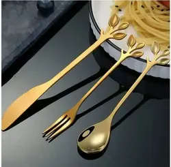 ست کارد و چنگال و قاشق برگی طلایی و نقره ای استیل رنگ ثابت