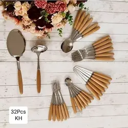 سرویس قاشق چنگال کارد ملاقه و کفگیر دسته چوبی 32 پارچه