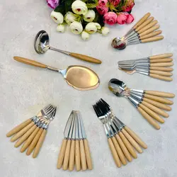 سرویس قاشق چنگال کارد ملاقه و کفگیر دسته چوبی 32 پارچه