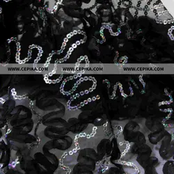 پارچه گیپور مشکی گل دار با پولک هفت رنگ