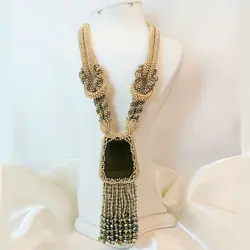 گردنبند منجوق بافی شده با سنگ سبز چشم گربه