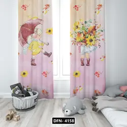 پرده پانچی اتاق کودک مدل دختر و چتر زمینه رنگی