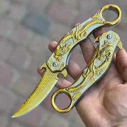 چاقو کارامبیت طلایی تاشو ضامن دار مخفی رنگ ثابت و تیز