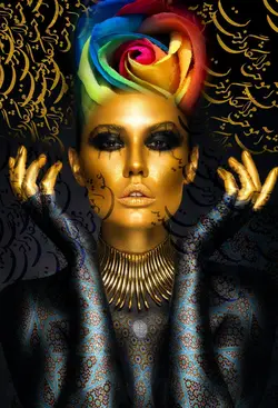 پوستر دیواری مشکی طلایی چهره و خوشنویسی