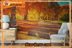 پوستردیواری منظره پاییزی با نیمکت