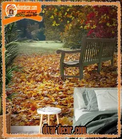 پوستردیواری برگهای پاییزی و نیمکت دونفره