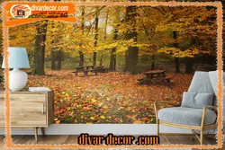 پوستردیواری جنگل در پاییز و نیمکت چوبی