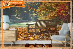 پوستردیواری منظره پاییزی و نیمکت دونفره