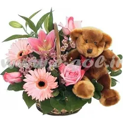 سبد گل لیلیوم،ژربرا و عروسک