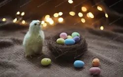 دانلود عکس استوک تخم مرغ رنگی و جوجه زرد کوچک