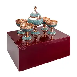 ست آجیل خوری فیروزه با جعبه چوب و چرم (ترنجستان فیروز فام)