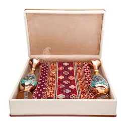 ست جفت گلدان مس و پرداز و گلیم با جعبه چوب و چرم (ماهور پرداز 1)
