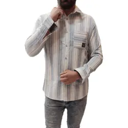 پیراهن مردانه کنفی سفید راه راه تک رنگ