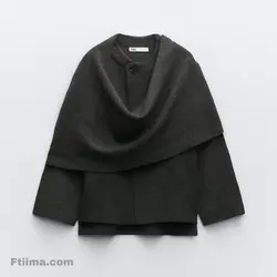 پالتو زنانه بافت خاکستری با شال نامتقارن برند زارا Zara