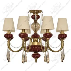 لوستر نئوکلاسیک برنجی 8 شاخه مدل لیانا اس آنتیک با چینی زرشکی و کلاهک پارچه ای