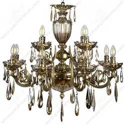 لوستر نئوکلاسیک برنجی 12 شاخه مدل یو آنتیک با آویزو کریستال
