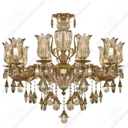لوستر نئوکلاسیک برنجی مدل گل آنتیک با آویز بالا برنزو لاله کریستال 10 شاخه
