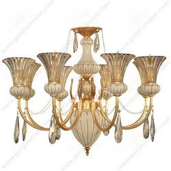 لوستر کلاسیک 8 شاخه مدل لیانا طلایی با چینی سفید و لاله کریستال
