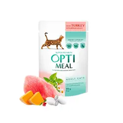 غذای پوچ گربه بالغ «اپتی میل Opti Meal» مدل بوقلمون و سس کدو حلوایی (85 گرم)