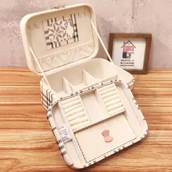 کیف جواهرات مستطیل دو طبقه چهارخانه – کرمی