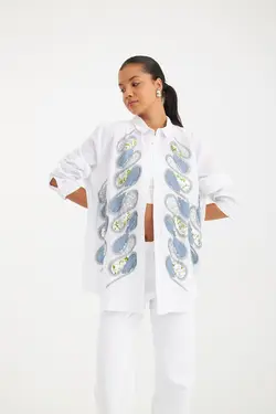 پیراهن نخی گلدوزی و پولک دوزی زنانه اور سایز رنگ اکرو برند Orfeo Negro