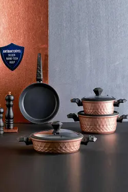 ماهیتابه درب دار 7 پارچه دسته آنتی باکتریال الماس رزگلد کاراجا