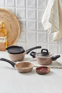 ست ماهیتابه 5 تکه بیو گرانیتی سایز کوچک طرح چوب استونی کاراجا