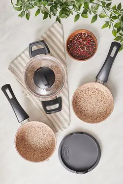 ست ماهیتابه 5 تکه بیو گرانیتی سایز کوچک طرح چوب استونی کاراجا