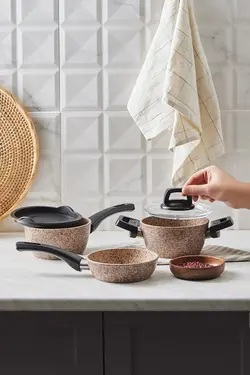 ست ماهیتابه 5 تکه بیو گرانیتی سایز کوچک طرح چوب استونی کاراجا