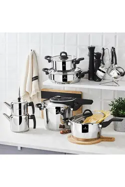 ست جهیزیه قابلمه و ماهیتابه و زودپز و کتری و قوری و شیرجوش طرح النا کاراجا