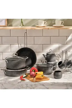 ست جهیزیه ماهیتابه و قابلمه 14 پارچه رژیمی بیوگرانیتی خاکستری کاراجا