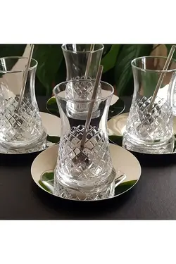 سرویس چای خوری 6 نفره دکور باقلوا کات با بشقاب استیل پاشاباغچه