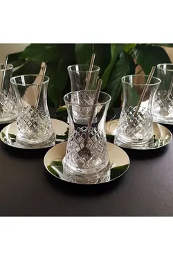 سرویس چای خوری 6 نفره دکور باقلوا کات با بشقاب استیل پاشاباغچه