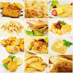 دانلود تصویر شاتراستوک چیدمان عکس های نان و پنیر و پاستا و سیب زمینی کد۲۱۰۹۶۷۹۹۵۱