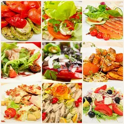 دانلود تصویر شاتراستوک چیدمان عکس های غذای دریایی و سالاد و سبزیجات و ماهی کد۱۲۱۱۶۷۸۸۸۸