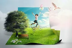 دانلود طرح لایه باز کودک زمینه سفید و چمنزار و درخت و نیمکت و بادکنک کد CH (۲۷۴)