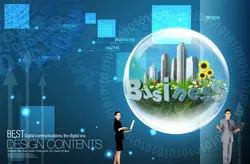 دانلود طرح لایه باز کسب و کار زمینه آبی و برج و آفتابگردان و لوگو بیزینس کد BU (۵۱۶)