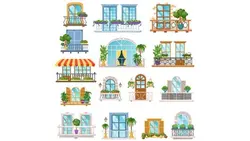 وکتور مجموعه پنجره و بالکن خانه با انواع گل و گیاه - ایران پیک | پیکفری