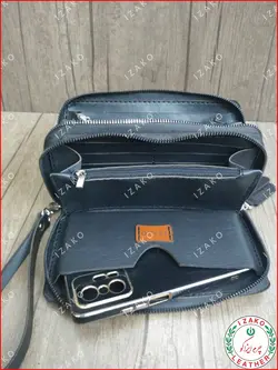 کیف موبایل و پول دو زیپ چرم گاوی دستدوز مدل i-850 برند ایزاکو